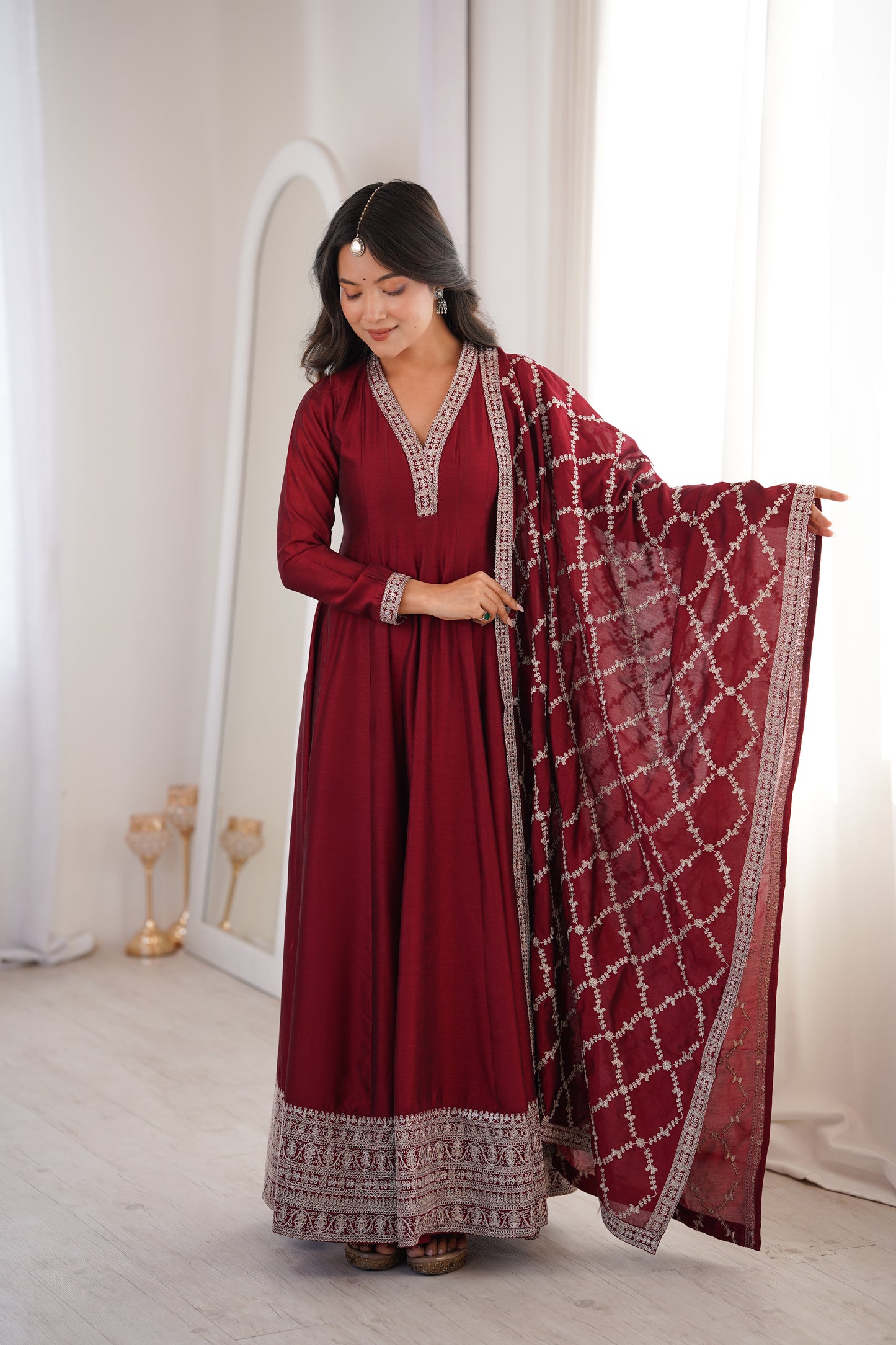 Beautifull Blooming Vichitra Silk With Fancy Lace Work Anarakali