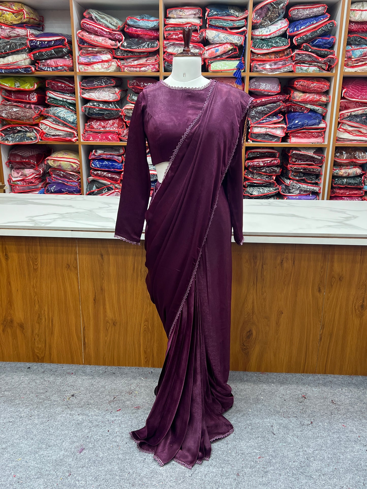 Ready To Wear Marble Velvet Fabric Purple Color Saree
