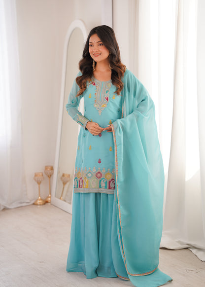 Beautifull Sky Color Crunchy Silk With Sequience Work Top Sharara