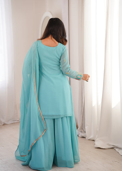 Beautifull Sky Color Crunchy Silk With Sequience Work Top Sharara