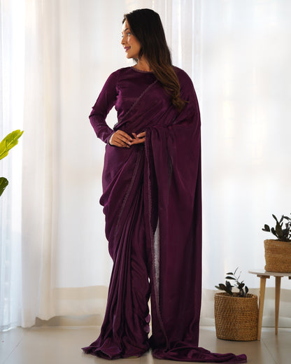 Ready To Wear Marble Velvet Fabric Purple Color Saree