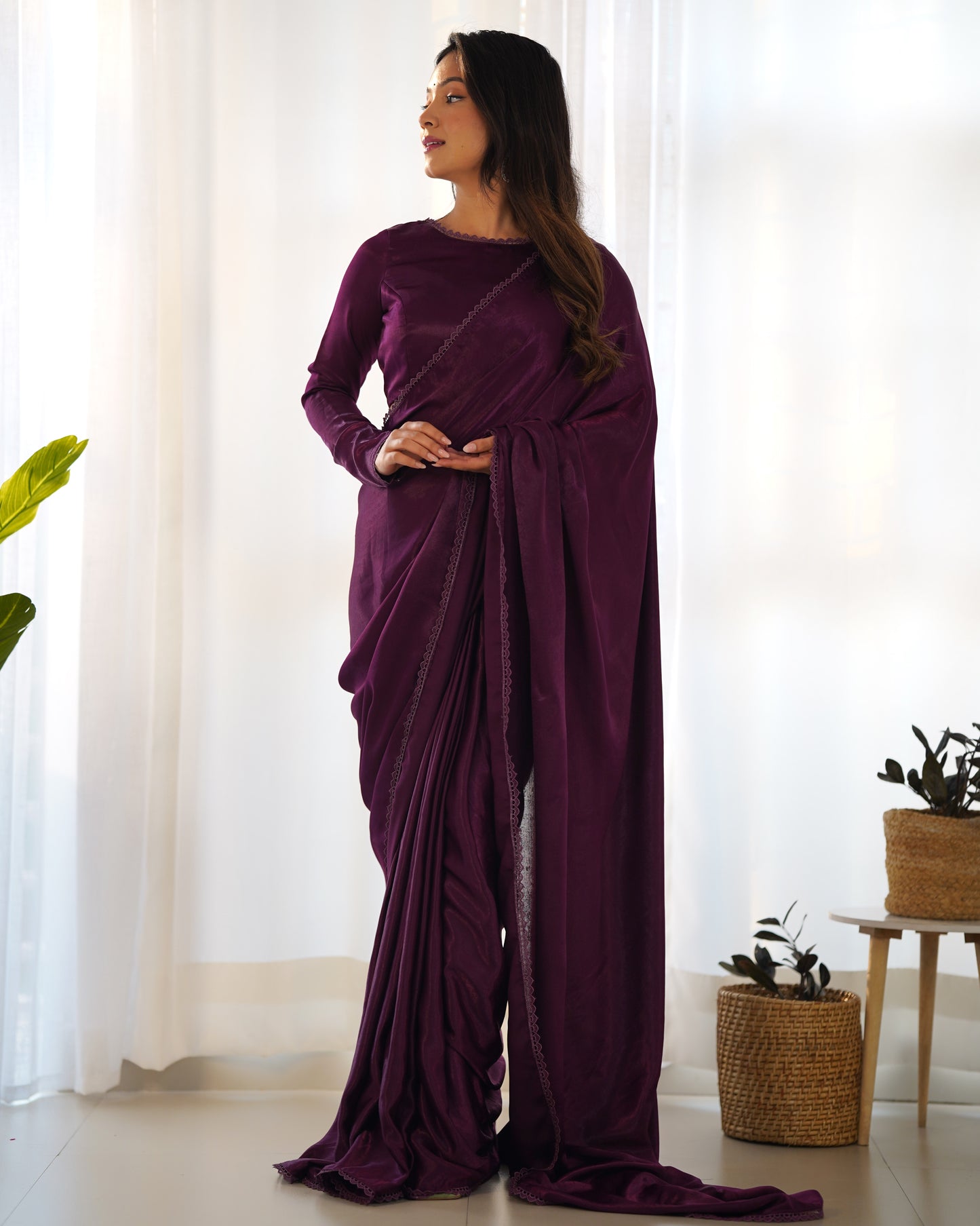 Ready To Wear Marble Velvet Fabric Purple Color Saree