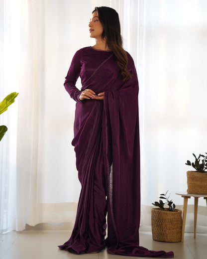 Ready To Wear Marble Velvet Fabric Purple Color Saree