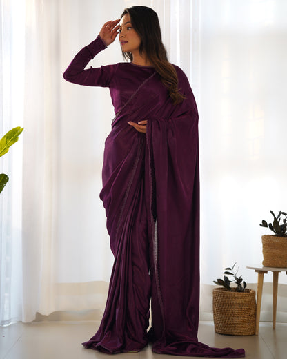 Ready To Wear Marble Velvet Fabric Purple Color Saree
