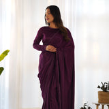 Ready To Wear Marble Velvet Fabric Purple Color Saree