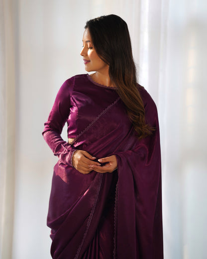 Ready To Wear Marble Velvet Fabric Purple Color Saree