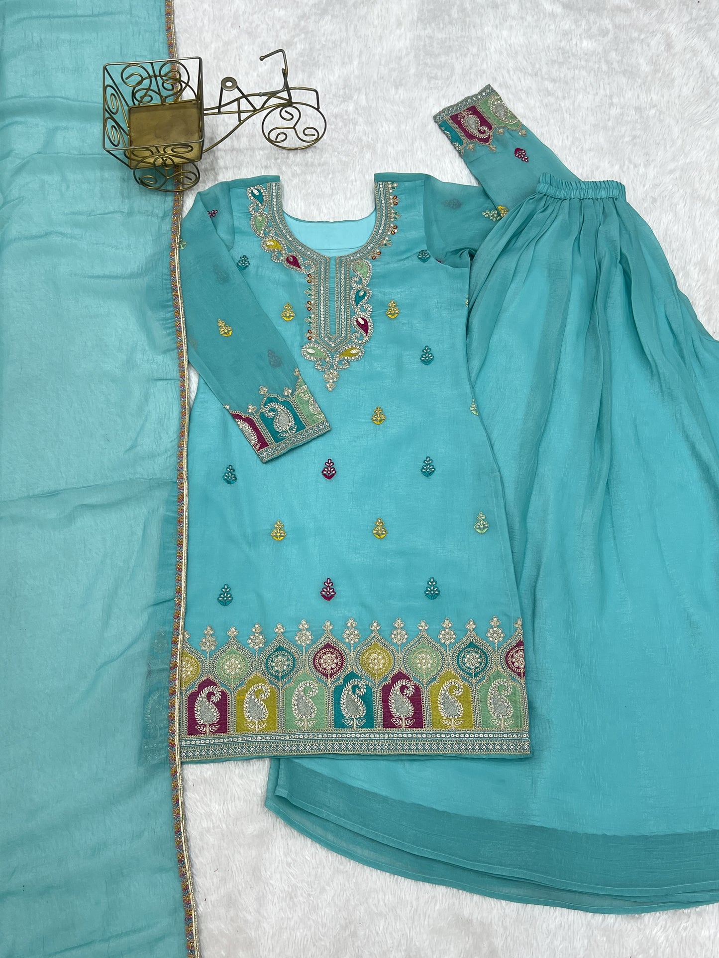 Beautifull Sky Color Crunchy Silk With Sequience Work Top Sharara