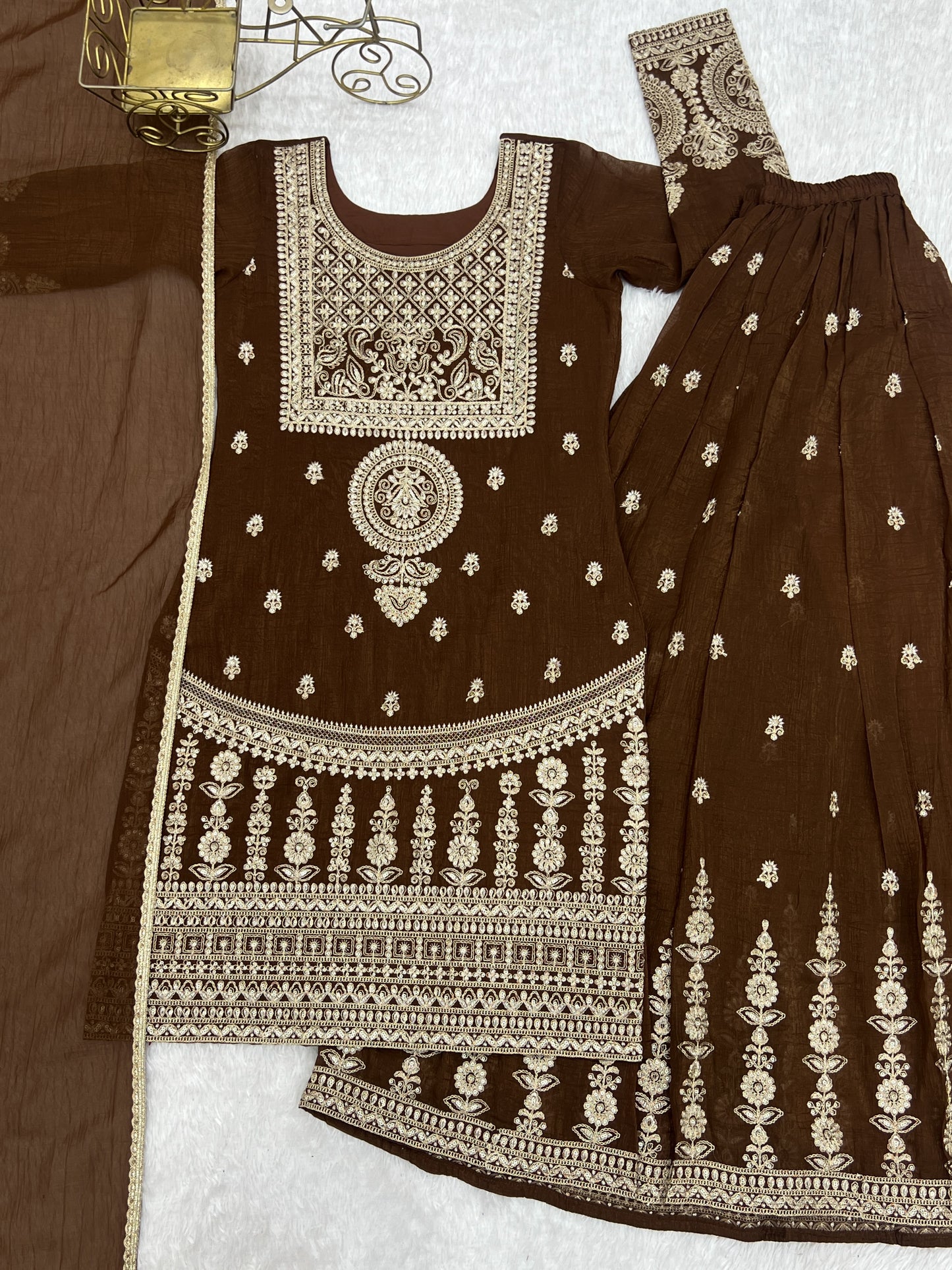 Beautifull Brown Color Crunchy Silk With Embroidery Work Top Sharara