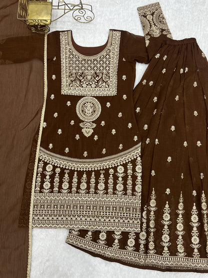 Beautifull Brown Color Crunchy Silk With Embroidery Work Top Sharara