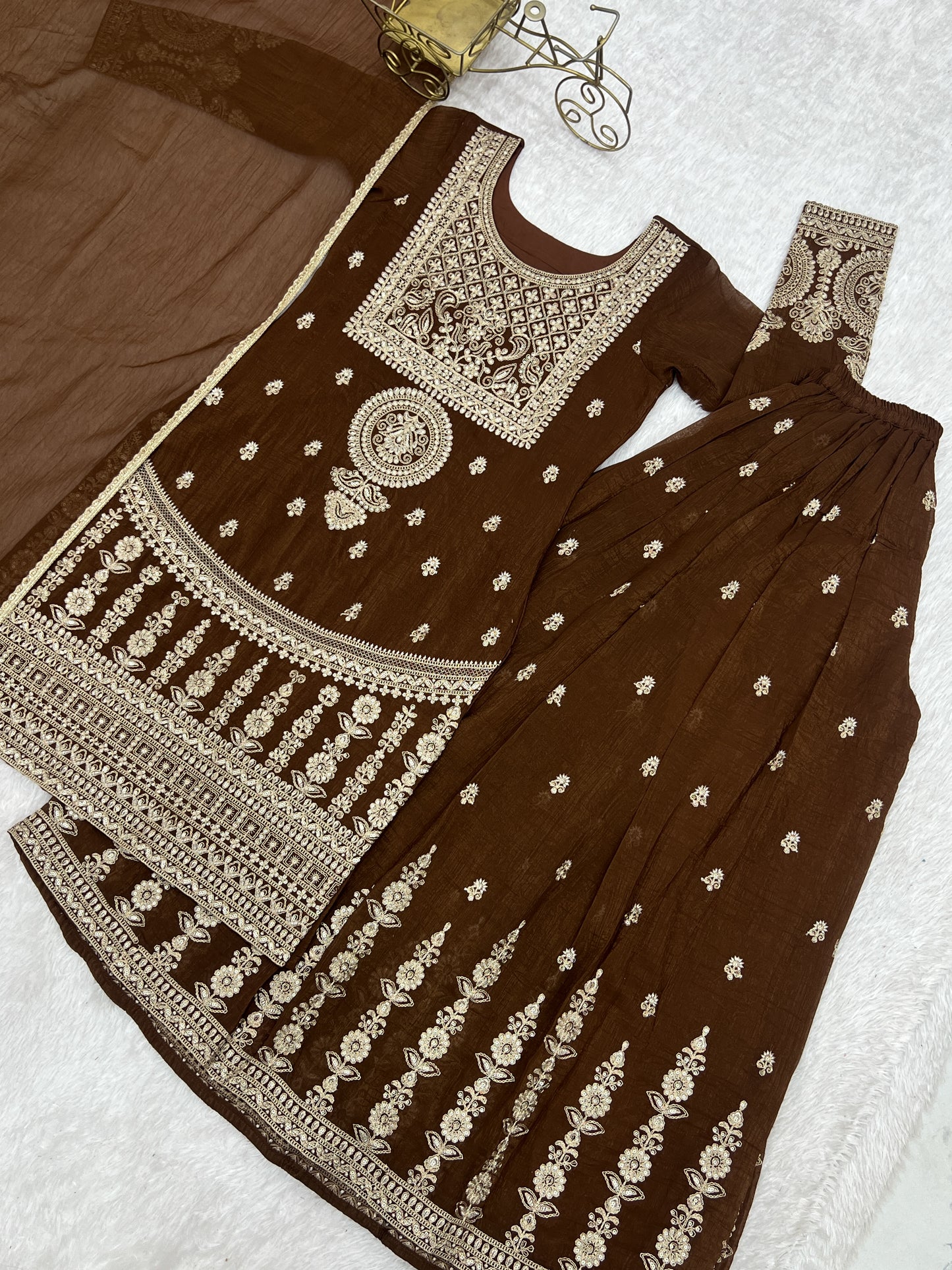 Beautifull Brown Color Crunchy Silk With Embroidery Work Top Sharara