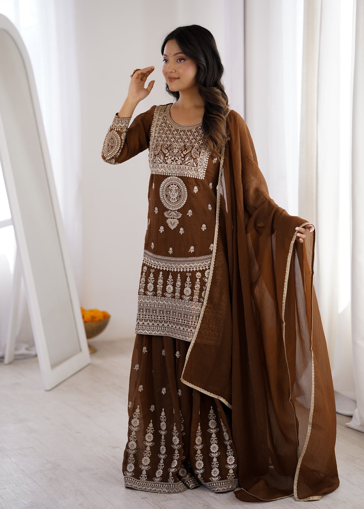 Beautifull Brown Color Crunchy Silk With Embroidery Work Top Sharara