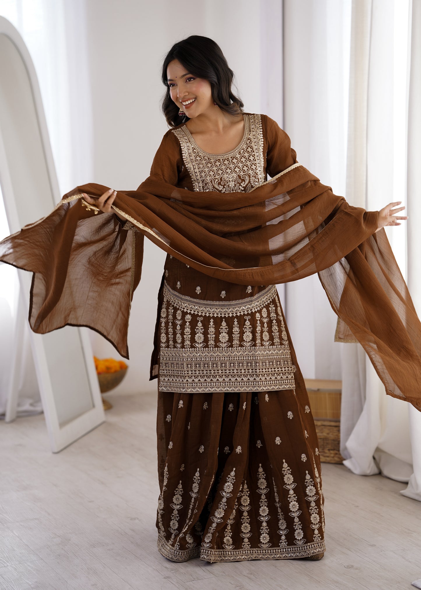 Beautifull Brown Color Crunchy Silk With Embroidery Work Top Sharara