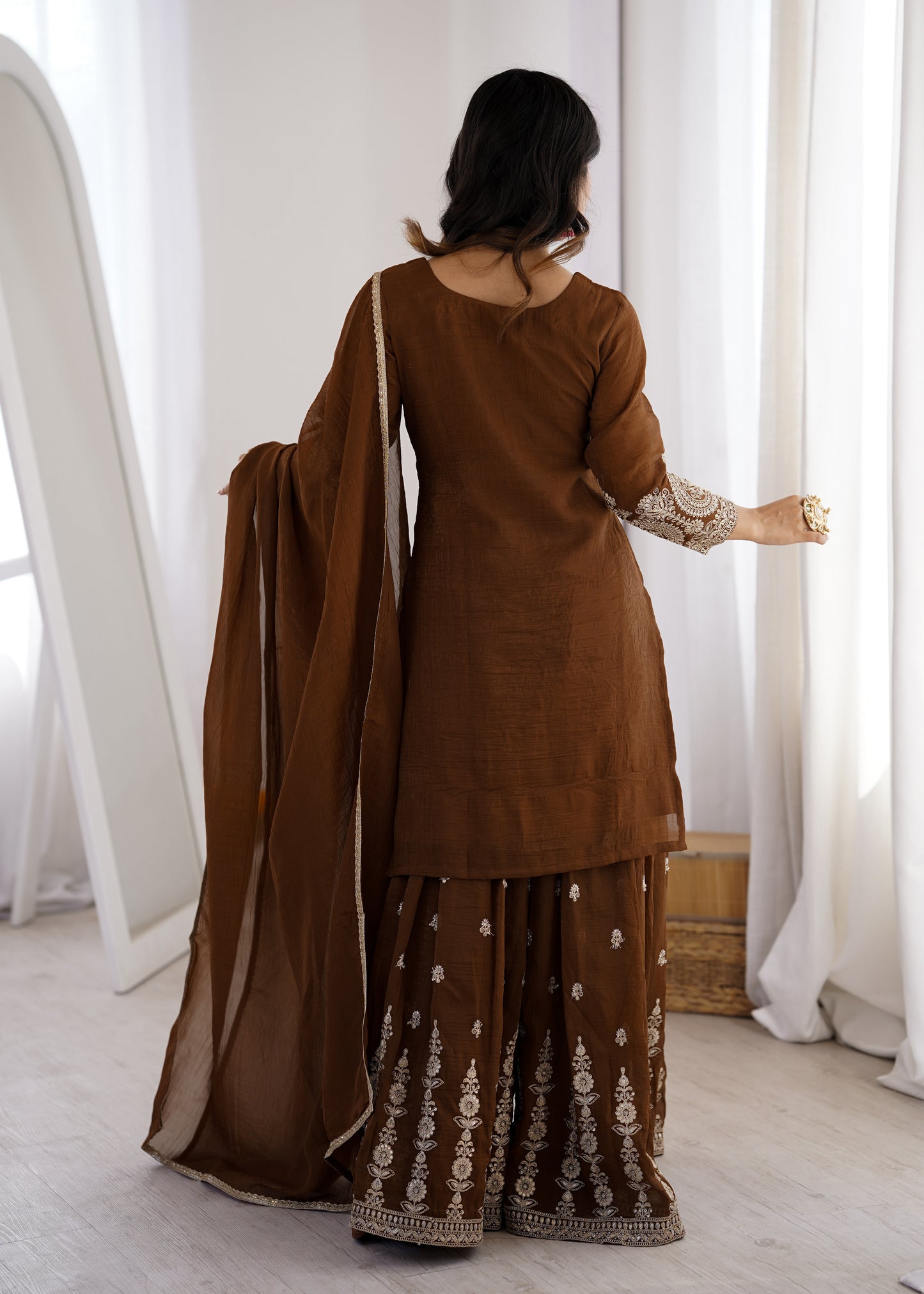 Beautifull Brown Color Crunchy Silk With Embroidery Work Top Sharara