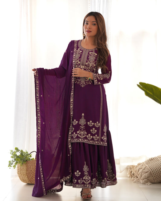 Beautifull Wine Color Chinnon Silk With Embrodiery Work Top Sharara