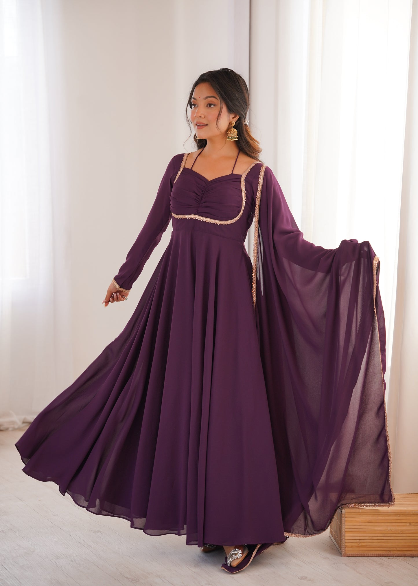 Red Color Fox Blooming Georgette Yoke Dori Work Gown