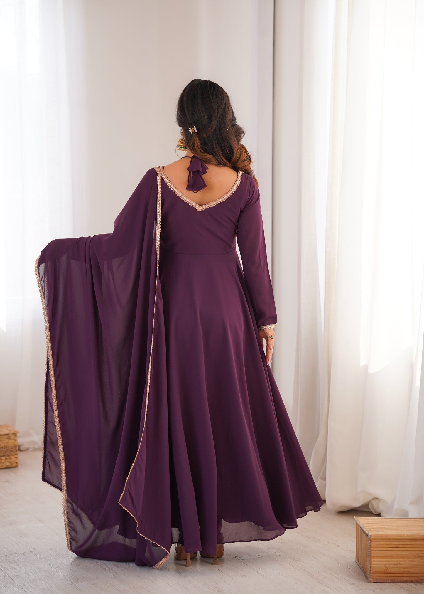 Red Color Fox Blooming Georgette Yoke Dori Work Gown