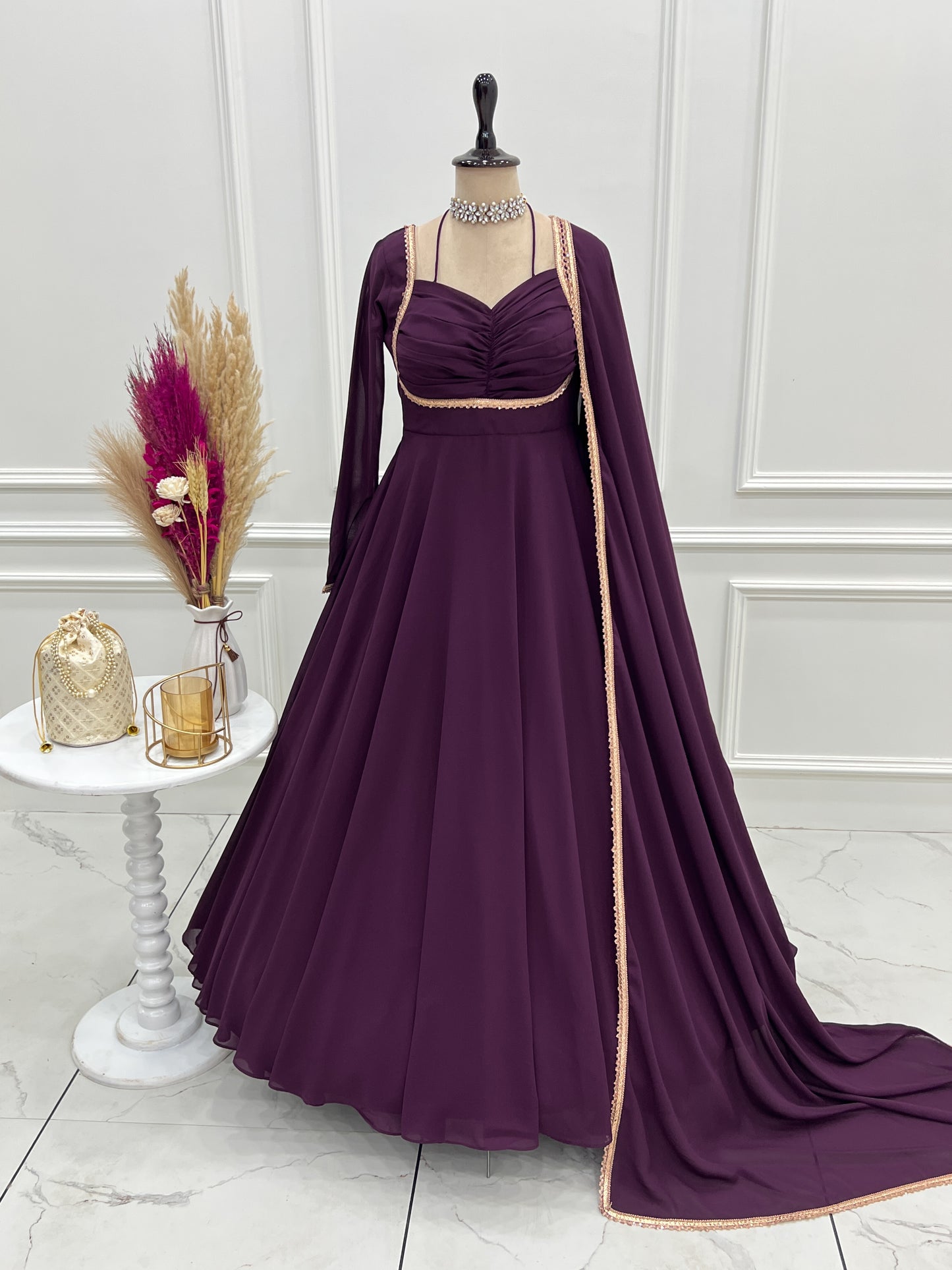 Red Color Fox Blooming Georgette Yoke Dori Work Gown
