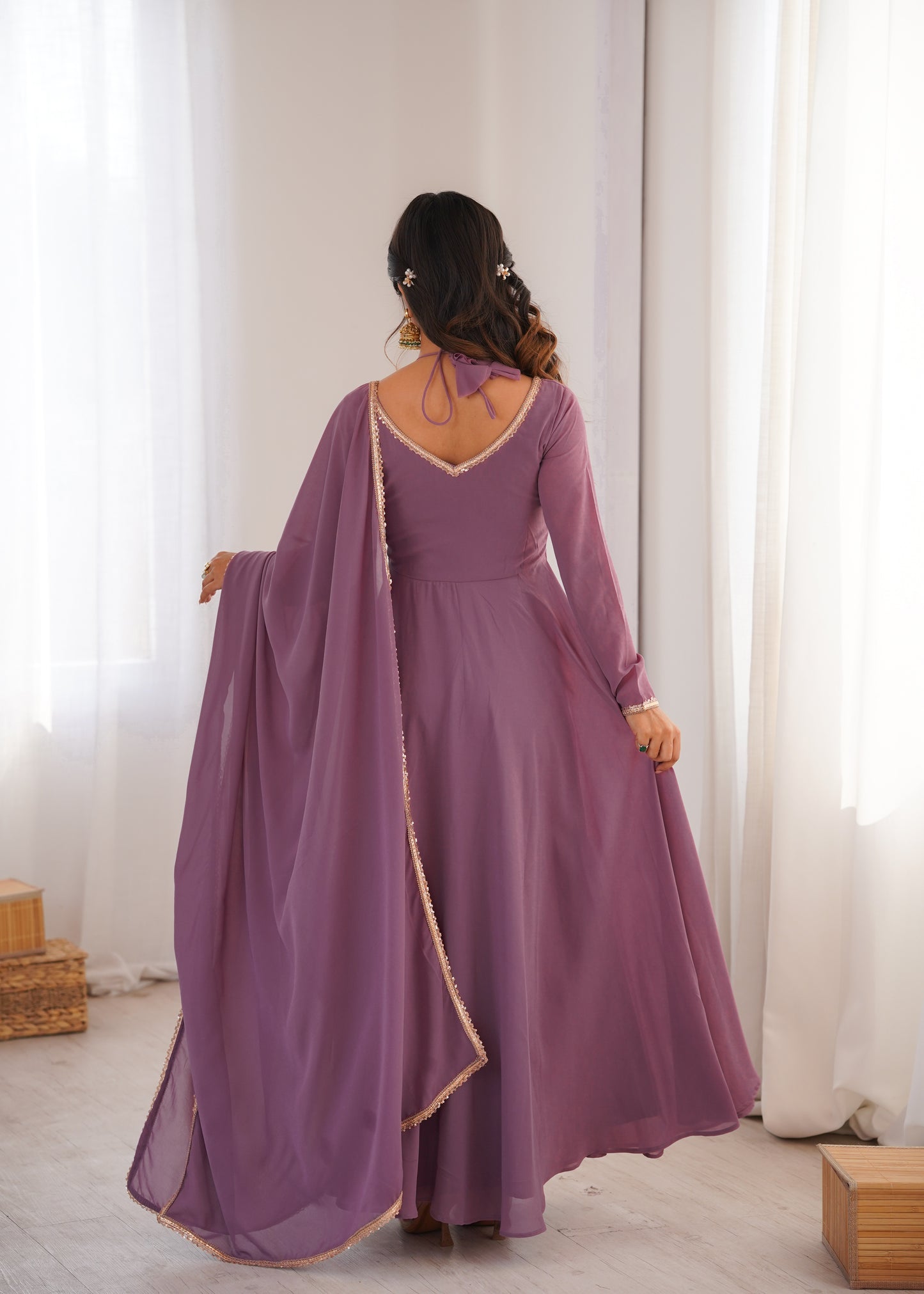 Red Color Fox Blooming Georgette Yoke Dori Work Gown