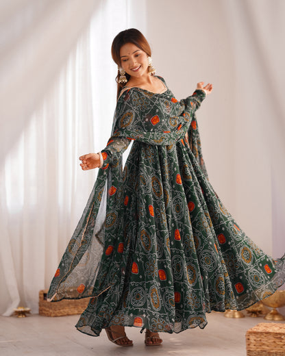 New Trending 8 MTR Pure Chiffon Bandhej Printed Anarkali Gown