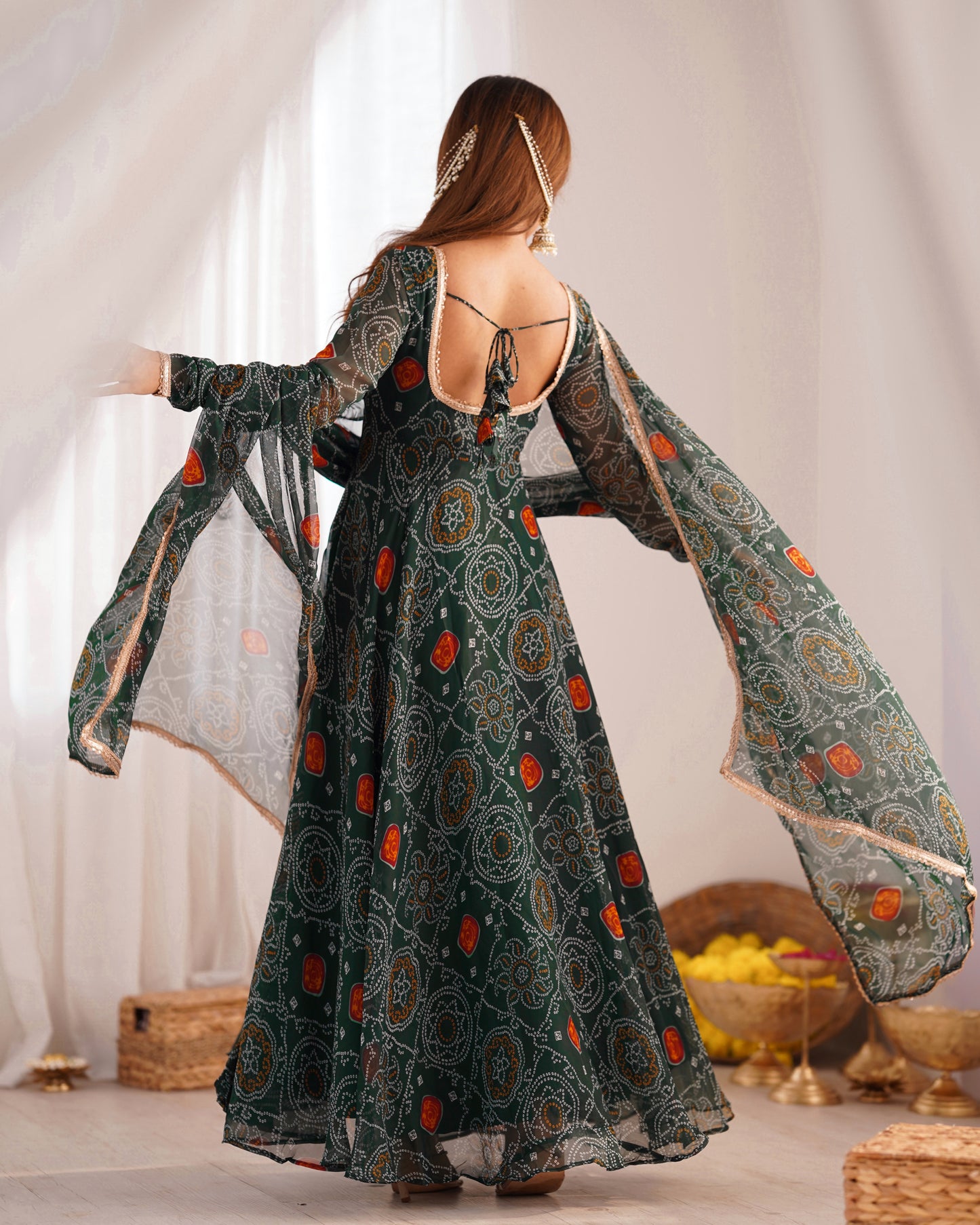 New Trending 8 MTR Pure Chiffon Bandhej Printed Anarkali Gown