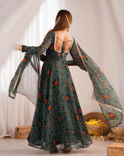 New Trending 8 MTR Pure Chiffon Bandhej Printed Anarkali Gown