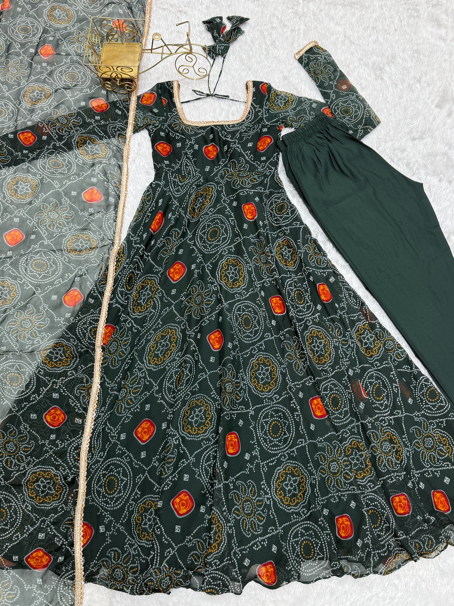 New Trending 8 MTR Pure Chiffon Bandhej Printed Anarkali Gown