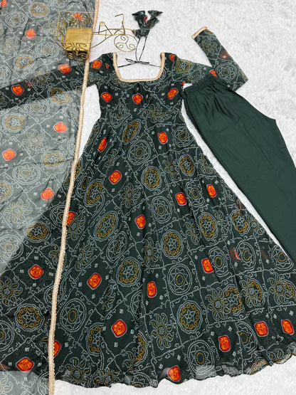 New Trending 8 MTR Pure Chiffon Bandhej Printed Anarkali Gown