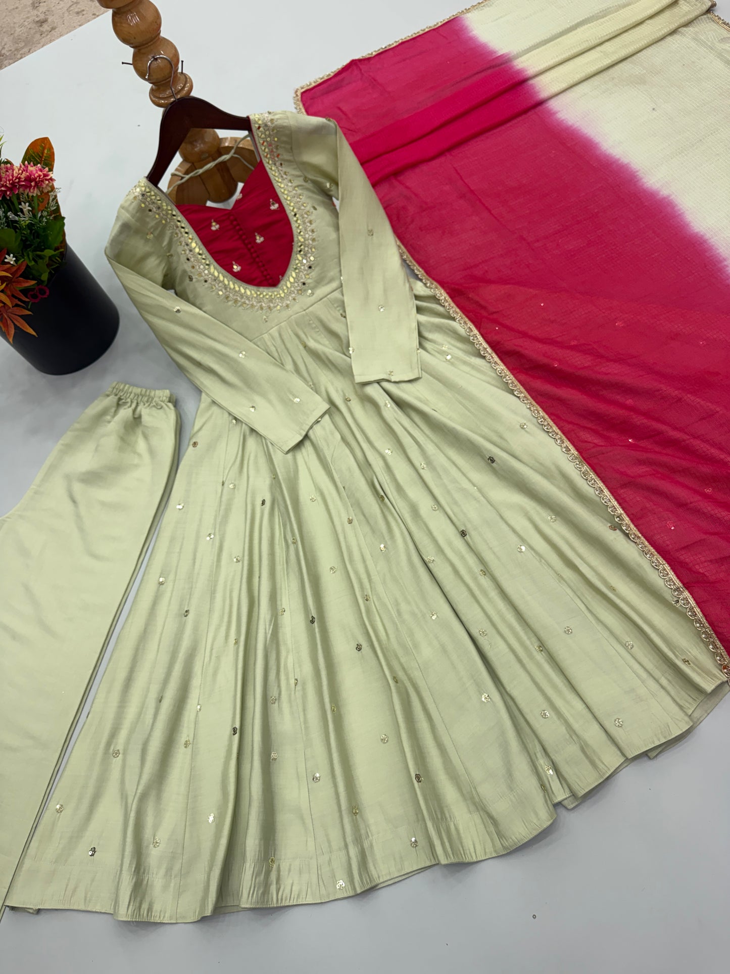 Roman Silk Embroidery Sequence & Real Mirror Work Gown