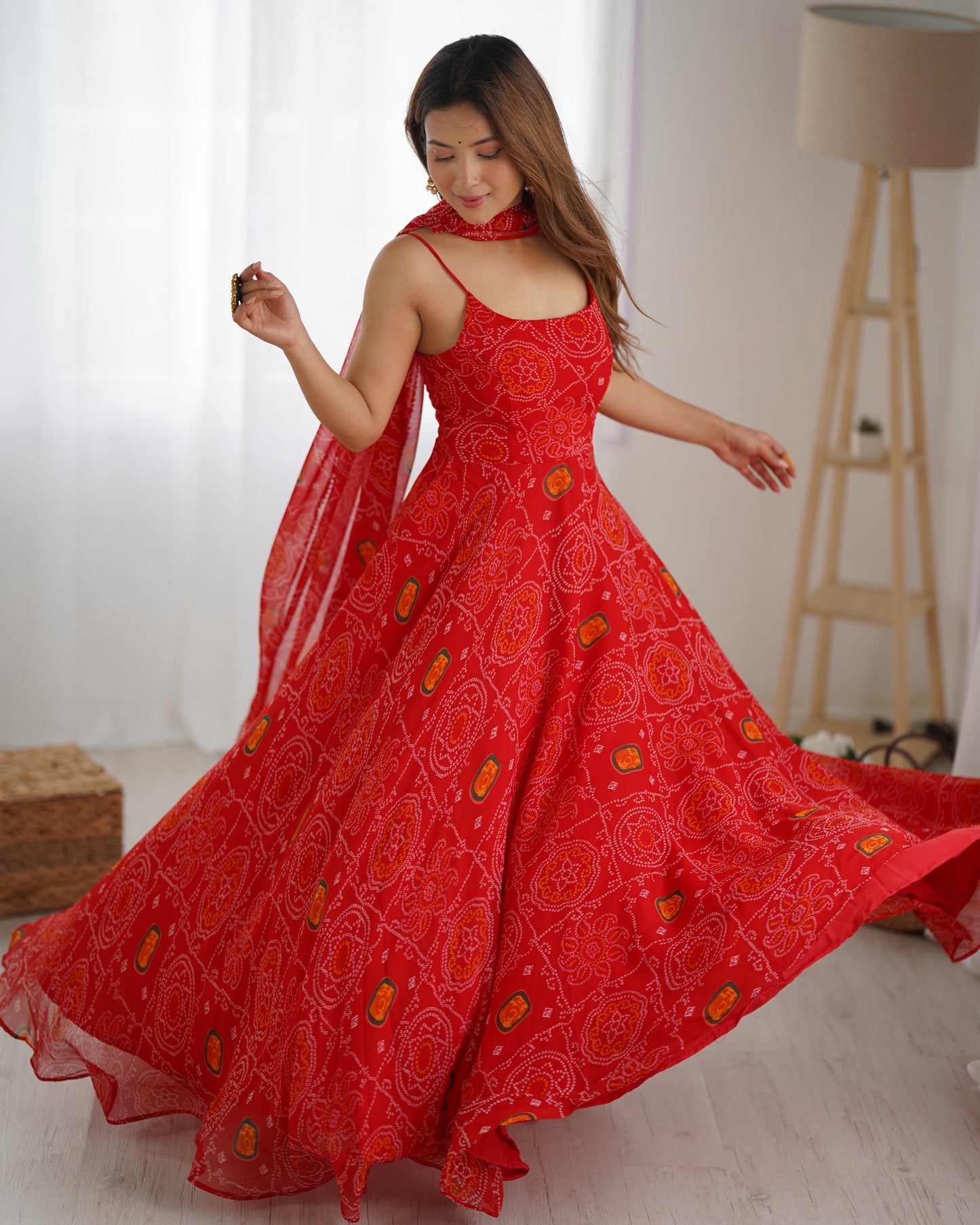 Bandhani Printed Sleeveless 8 MTR Huge Flair Anarkali Gown