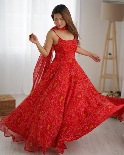 Bandhani Printed Sleeveless 8 MTR Huge Flair Anarkali Gown