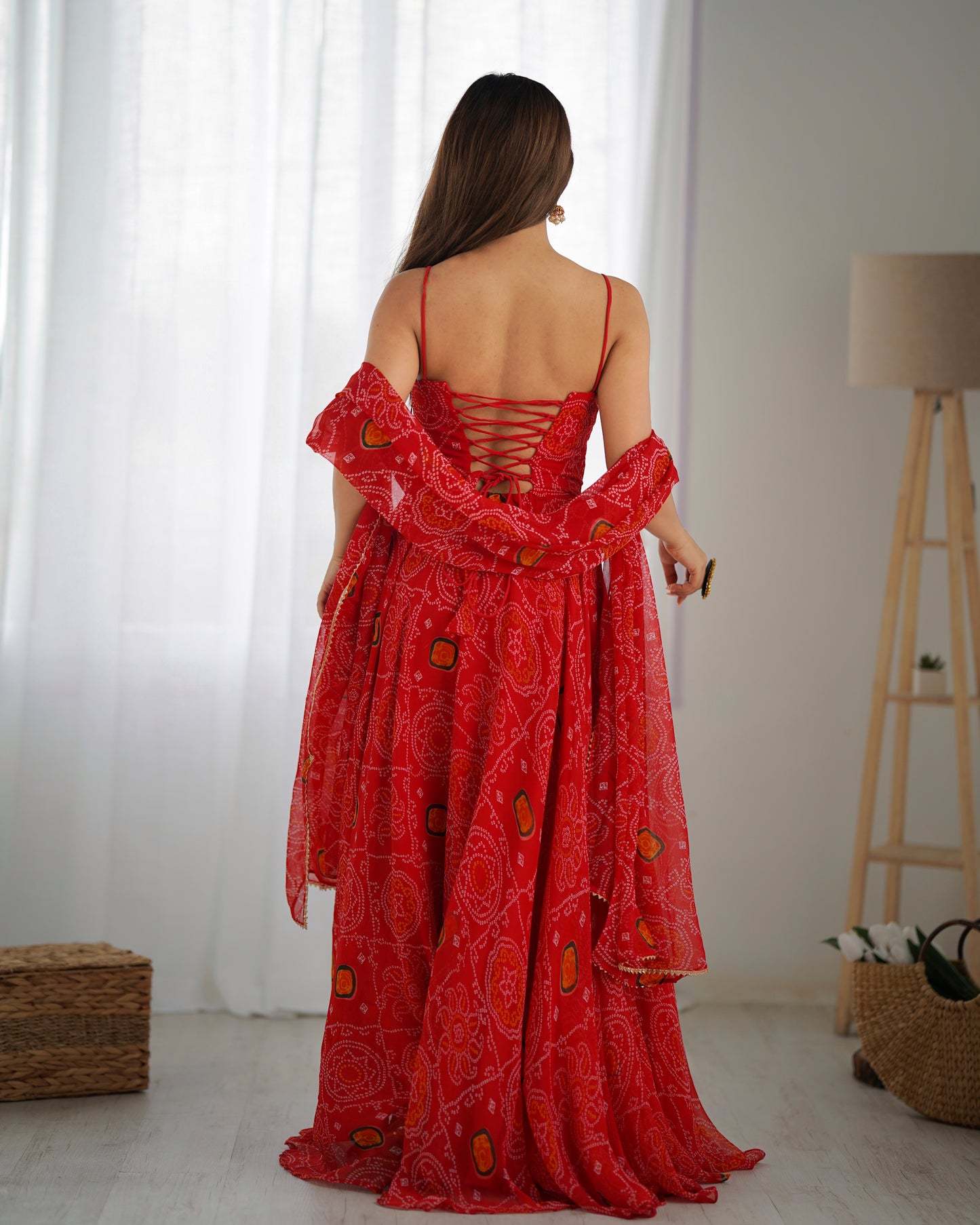 Bandhani Printed Sleeveless 8 MTR Huge Flair Anarkali Gown