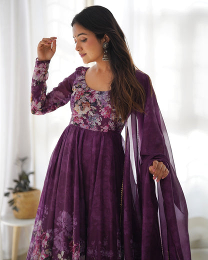 Pure Soft Organza Flower Printed Anarkali Gown