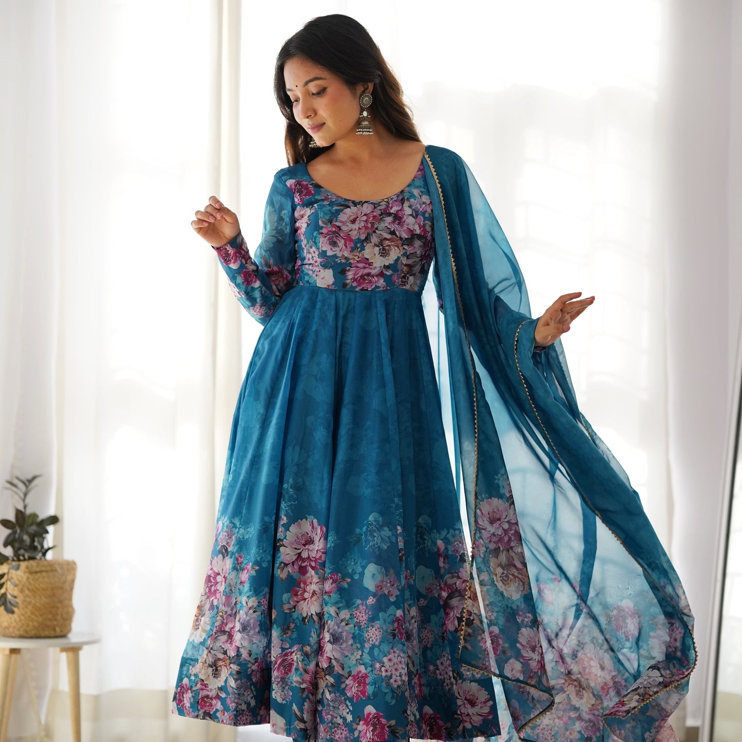 Pure Soft Organza Flower Printed Anarkali Gown