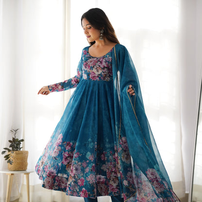 Pure Soft Organza Flower Printed Anarkali Gown