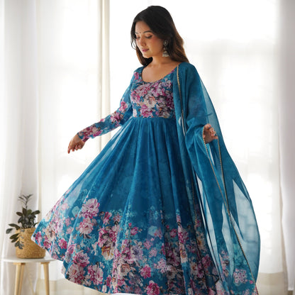 Pure Soft Organza Flower Printed Anarkali Gown