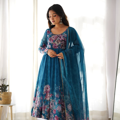 Pure Soft Organza Flower Printed Anarkali Gown