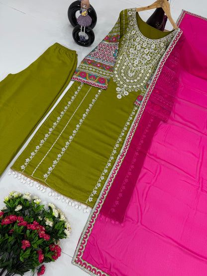 WOMEN'S VICHITRA SILK EMBROIDERED KURTA & PLAZZO WITH DUPATTA SET