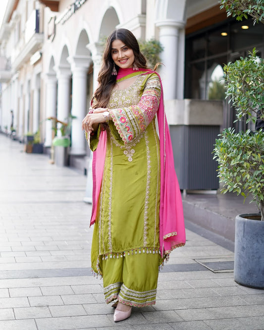 WOMEN'S VICHITRA SILK EMBROIDERED KURTA & PLAZZO WITH DUPATTA SET