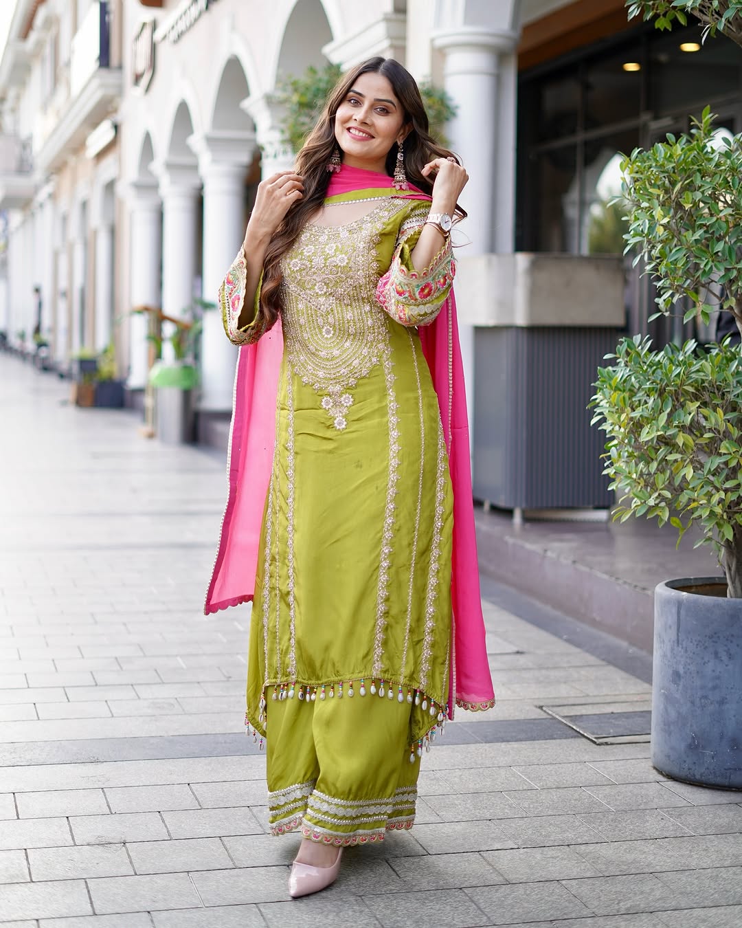 WOMEN'S VICHITRA SILK EMBROIDERED KURTA & PLAZZO WITH DUPATTA SET