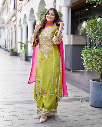 WOMEN'S VICHITRA SILK EMBROIDERED KURTA & PLAZZO WITH DUPATTA SET
