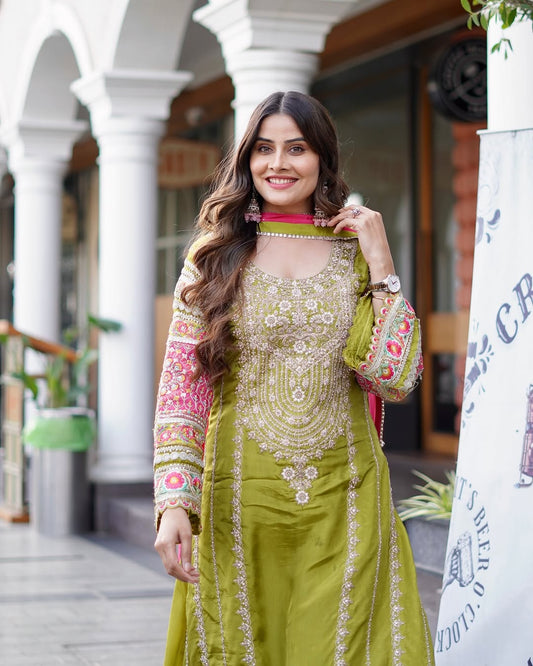 WOMEN'S VICHITRA SILK EMBROIDERED KURTA & PLAZZO WITH DUPATTA SET