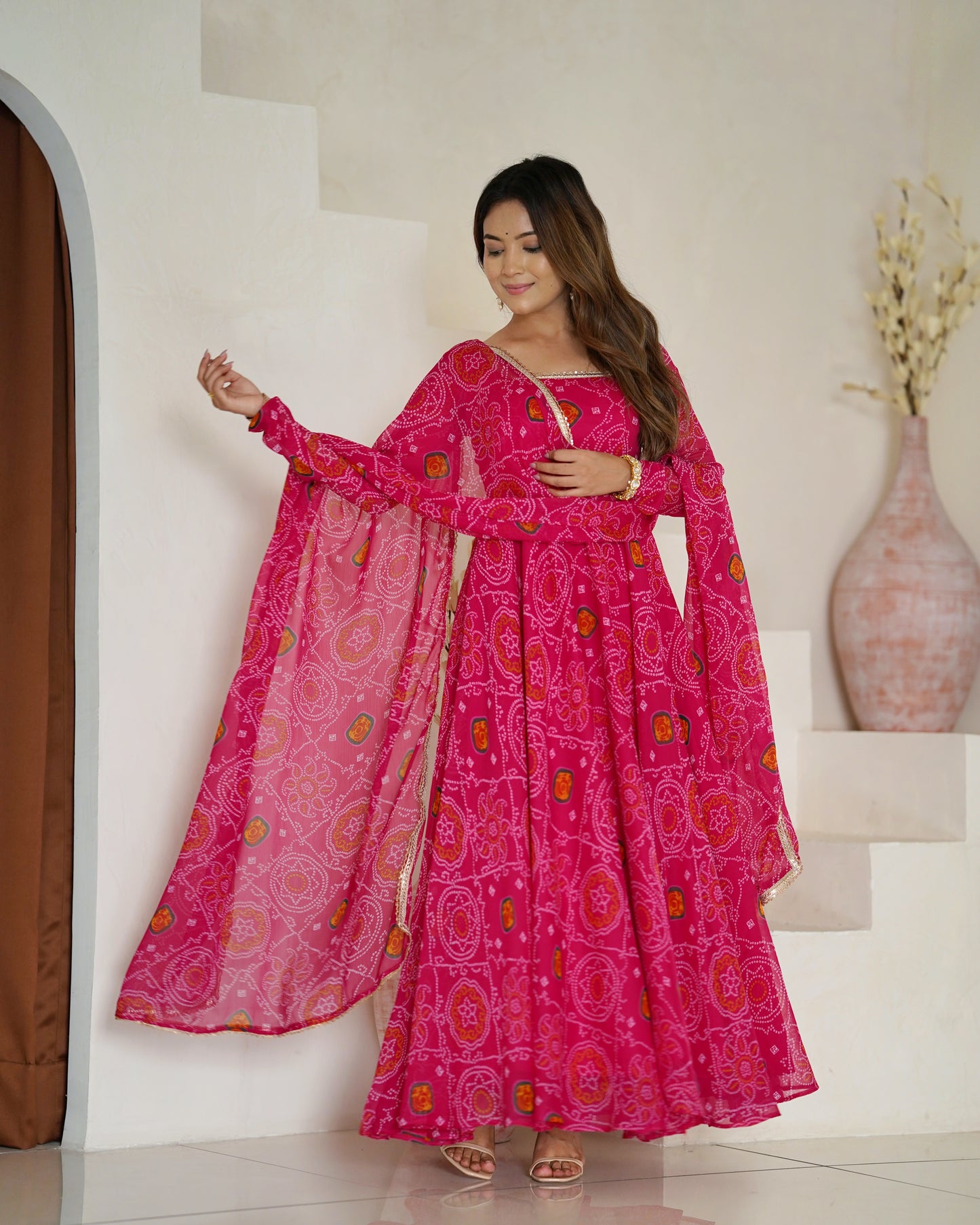 New Trending 8 MTR Pure Chiffon Bandhej Printed Anarkali Gown