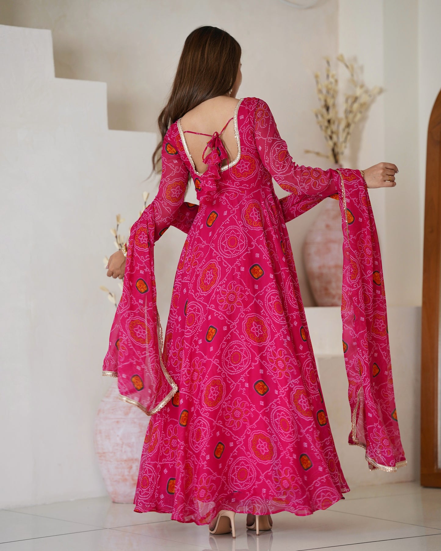 New Trending 8 MTR Pure Chiffon Bandhej Printed Anarkali Gown