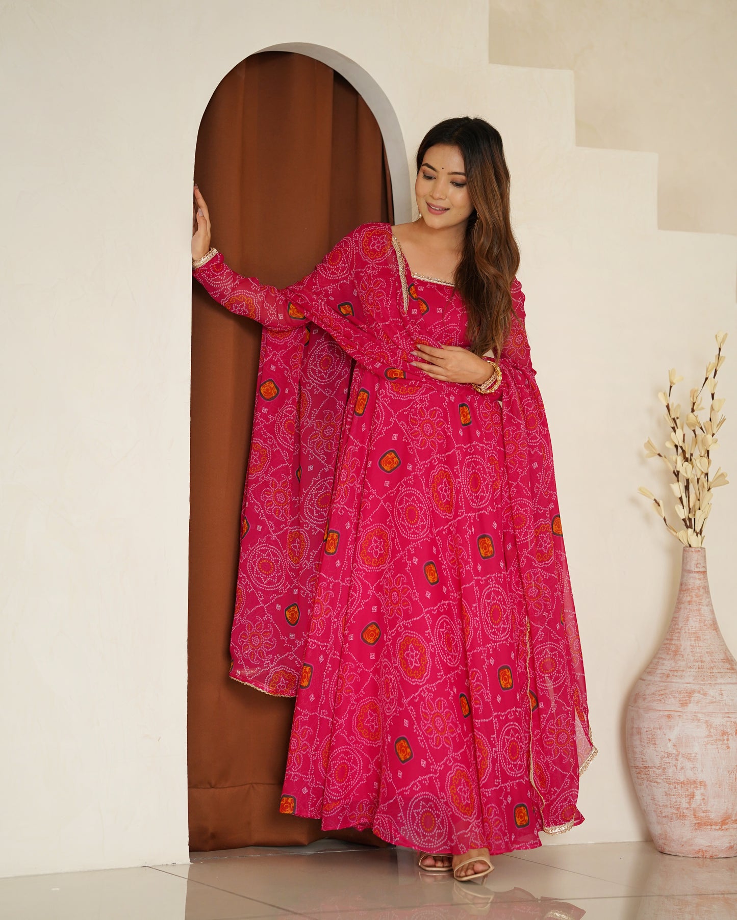 New Trending 8 MTR Pure Chiffon Bandhej Printed Anarkali Gown
