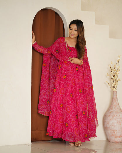 New Trending 8 MTR Pure Chiffon Bandhej Printed Anarkali Gown