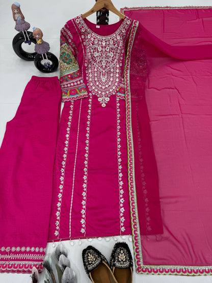 WOMEN'S VICHITRA SILK EMBROIDERED KURTA & PLAZZO WITH DUPATTA SET