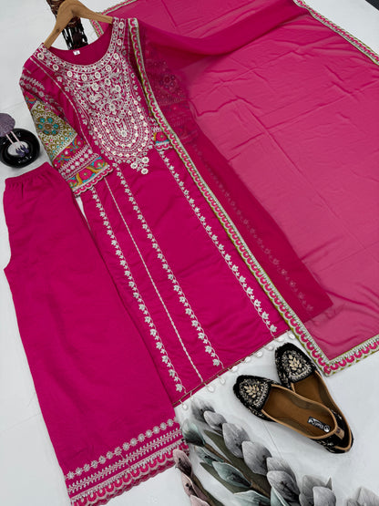 WOMEN'S VICHITRA SILK EMBROIDERED KURTA & PLAZZO WITH DUPATTA SET