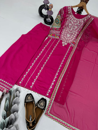 WOMEN'S VICHITRA SILK EMBROIDERED KURTA & PLAZZO WITH DUPATTA SET