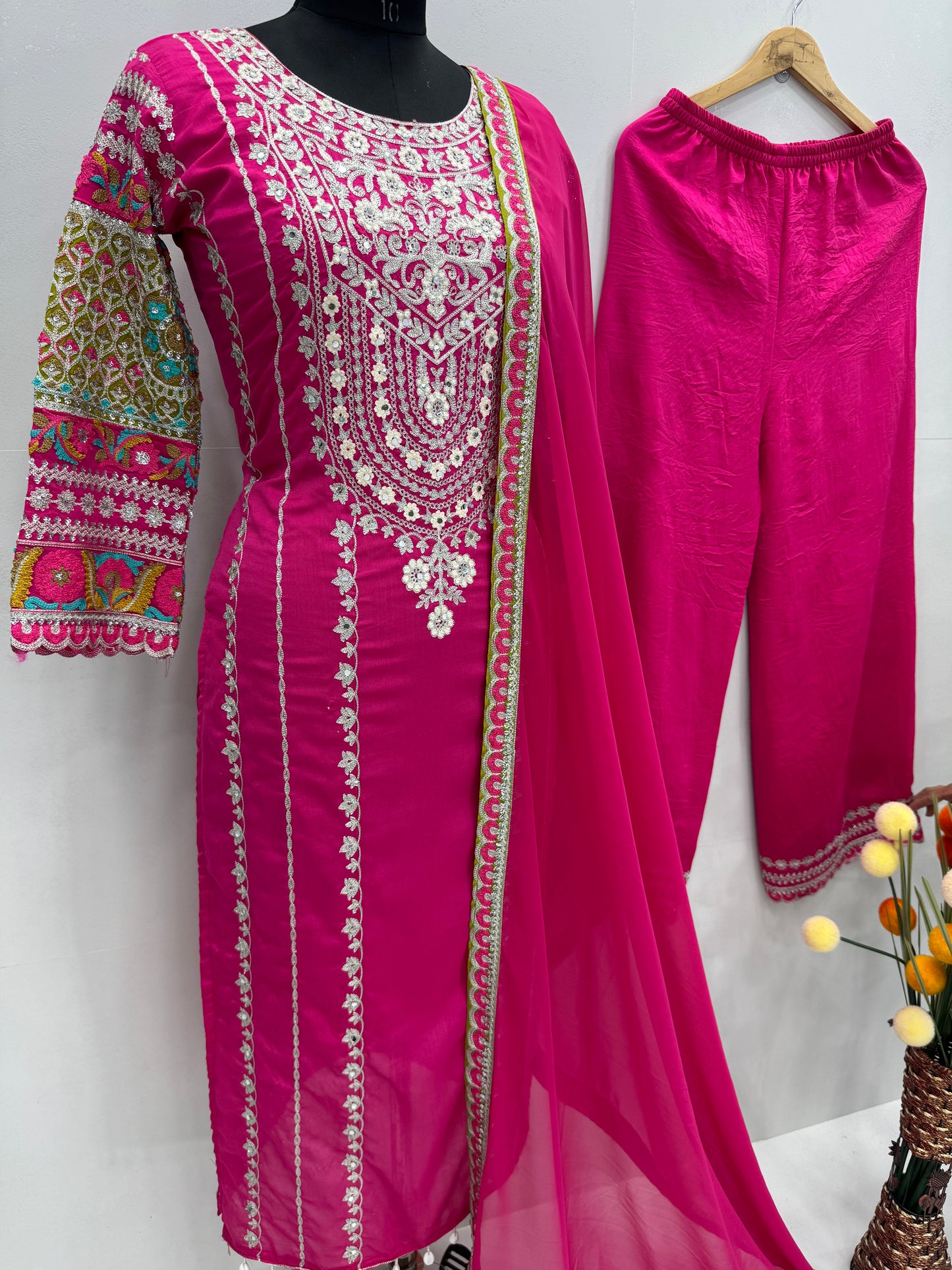 WOMEN'S VICHITRA SILK EMBROIDERED KURTA & PLAZZO WITH DUPATTA SET