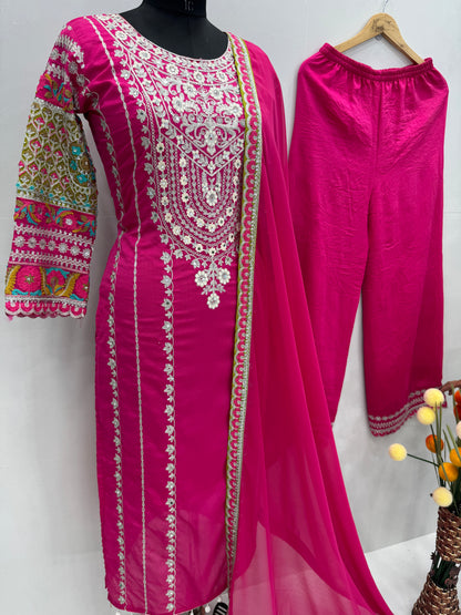 WOMEN'S VICHITRA SILK EMBROIDERED KURTA & PLAZZO WITH DUPATTA SET